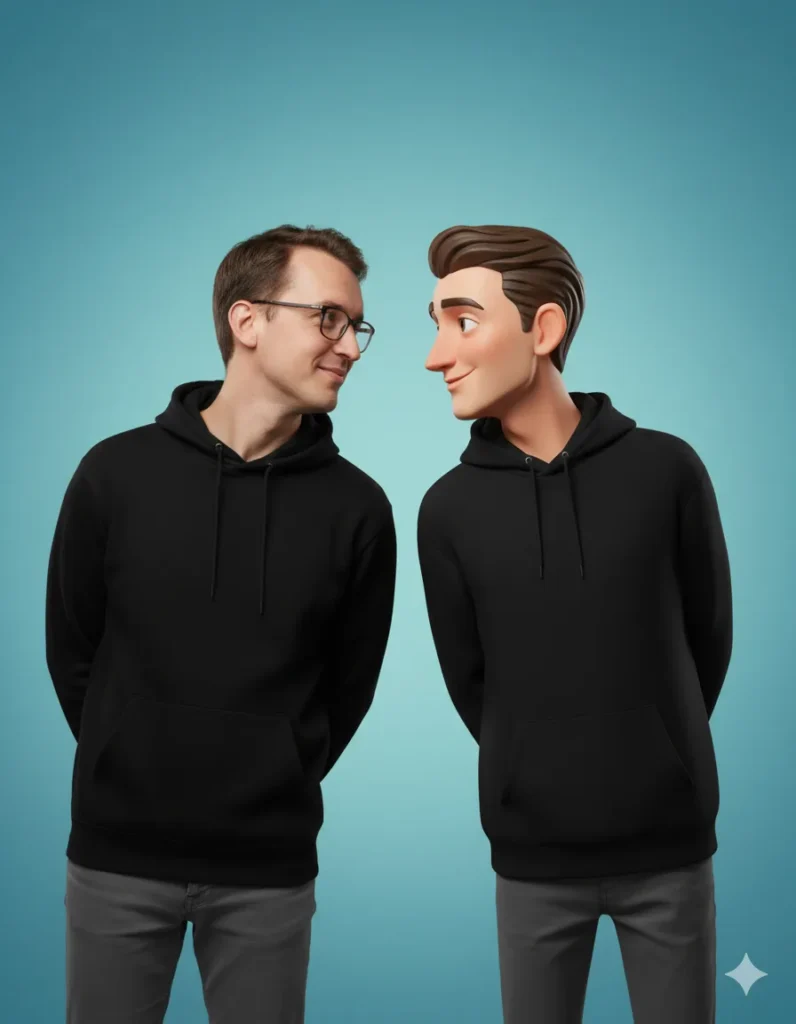 Filip Dorić gleda svog animiranog digitalnog blizanca, simbolizirajući razliku između taktika i sustava u online zaradi od kuće.