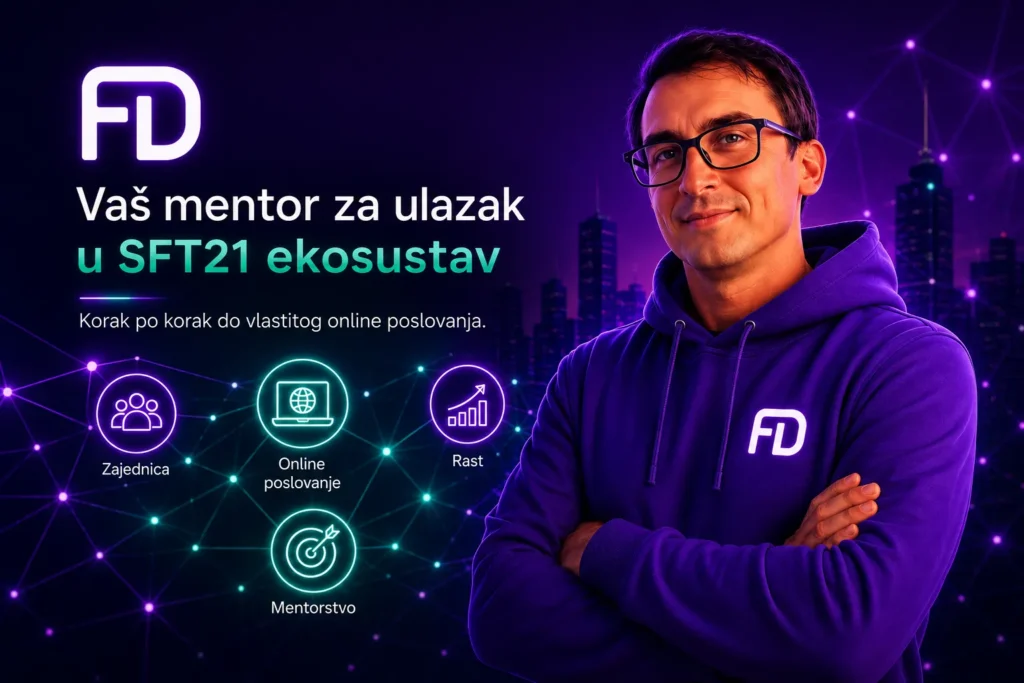 Mentor SFT21 digitalne franšize prikazan uz digitalnu mrežu, zajednicu, online poslovanje i alate za rast u SFT21 ekosustavu.