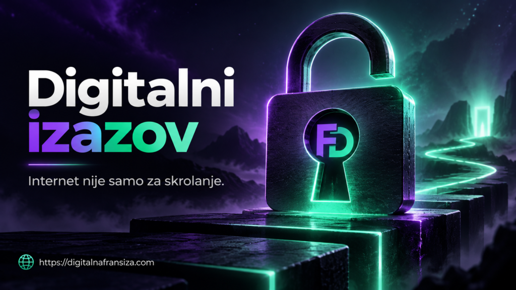 Digitalni izazov Level 1 s otvorenom bravom, FD logom i porukom Internet nije samo za skrolanje na stranici DigitalnaFranšiza.com.