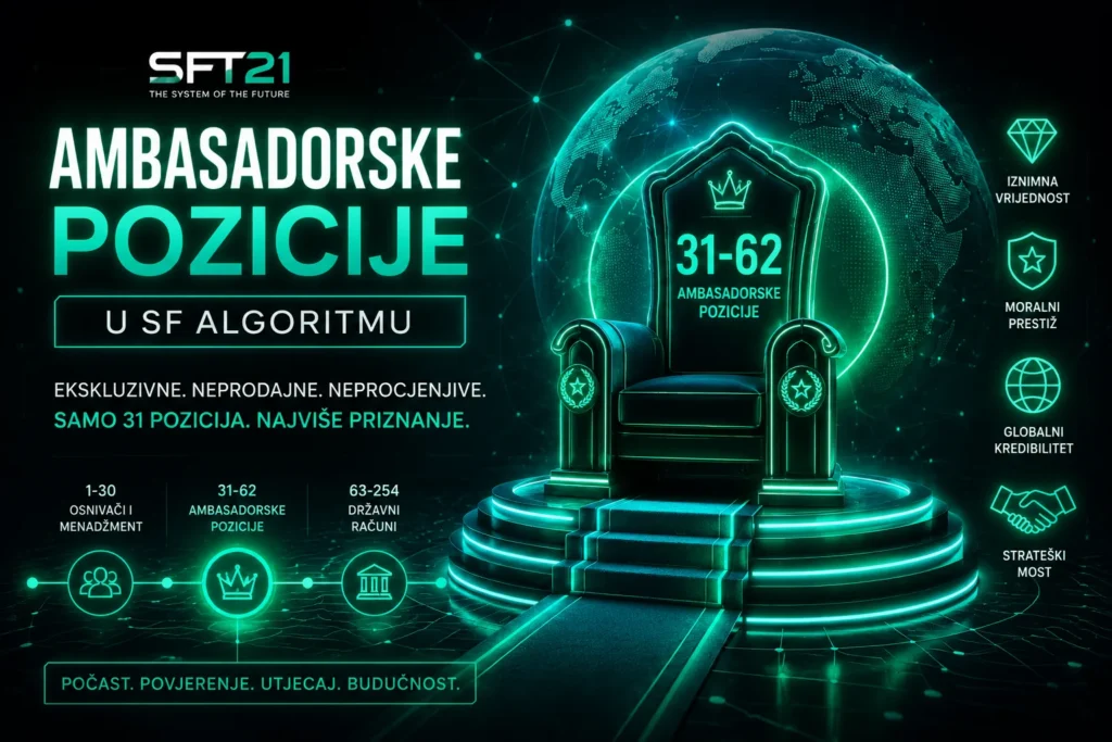 Ambasadorske pozicije u SF algoritmu predstavljaju najviše priznanje unutar SFT21 zajednice i zauzimaju pozicije od 31 do 62 u SF algoritmu.