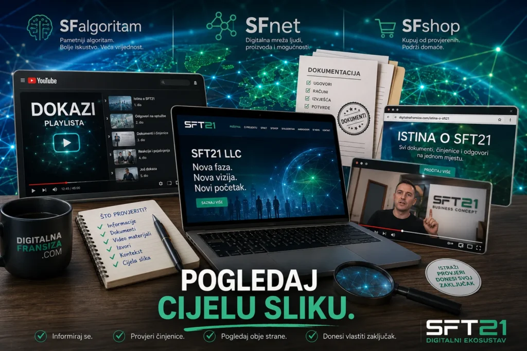 Istina o SFT21 prikazana kroz dokumente, video materijale, SFalgoritam, SFnet, SFshop i digitalni ekosustav SFT21 LLC