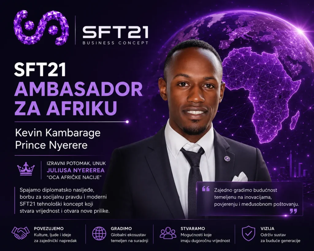 SFT21 ambasador za Afriku Kevin Kambarage Prince Nyerere predstavljen uz digitalnu kartu Afrike i globalnu SFT21 mrežu