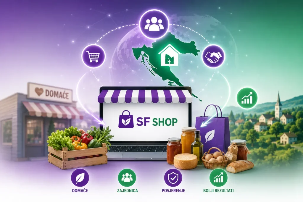 Kako vratiti vrijednost domaćim proizvođačima u digitalnom dobu kroz zajednicu, online prodaju i digitalni ekosustav. Ilustracija prikazuje SFshop, lokalne proizvođače, domaće proizvode i povezivanje kupaca kroz zajednicu unutar SFT21 Business Concepta. Autor: Filip Dorić.