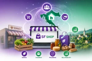 Kako vratiti vrijednost domaćim proizvođačima u digitalnom dobu kroz zajednicu, online prodaju i digitalni ekosustav. Ilustracija prikazuje SFshop, lokalne proizvođače, domaće proizvode i povezivanje kupaca kroz zajednicu unutar SFT21 Business Concepta. Autor: Filip Dorić.