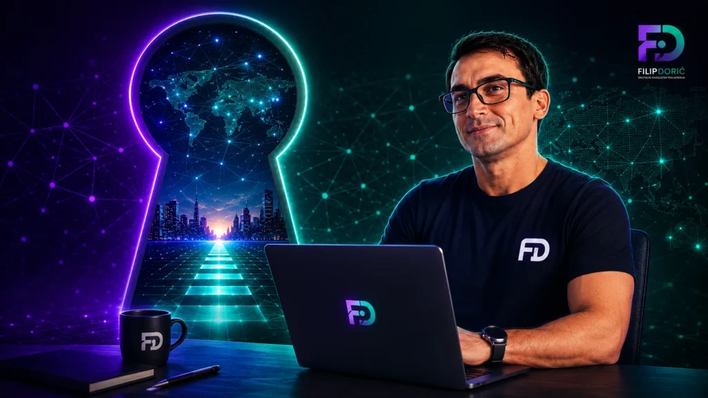 Filip Dorić za laptopom ispred futurističke ključanice i digitalne karte svijeta, koja simbolizira digitalnu franšizu kao novi model poslovanja za digitalno doba.