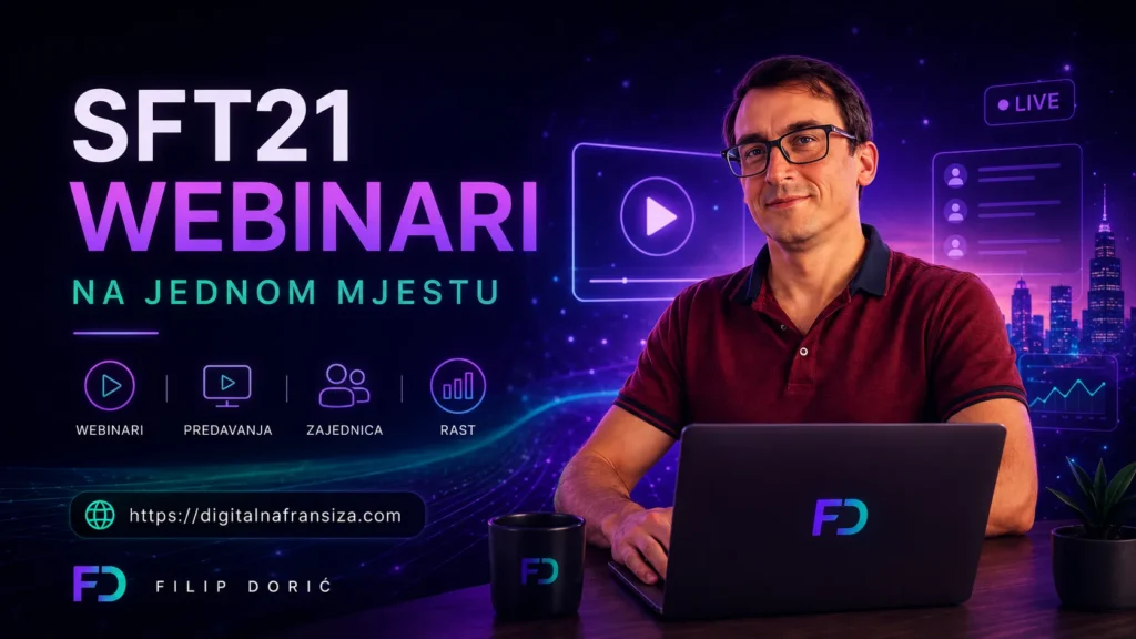 SFT21 webinari na jednom mjestu – Filip Dorić uz laptop predstavlja video materijale, kompanijska obraćanja i edukacije o SFT21 Business Conceptu.