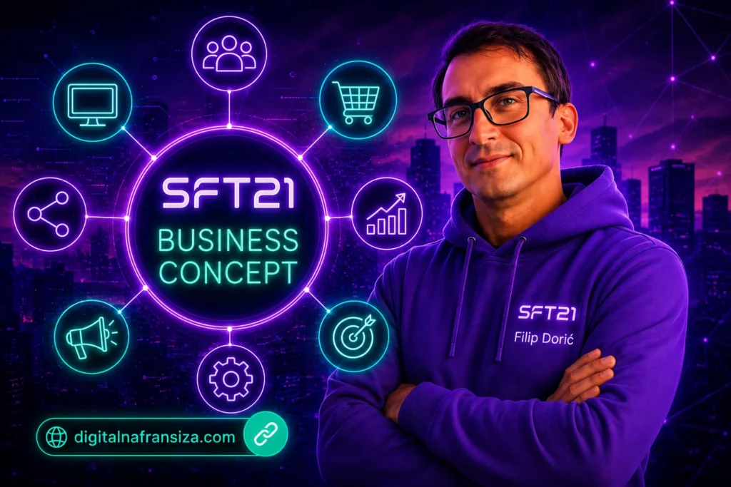 SFT21 Business Concept jednostavno objašnjen – Filip Dorić uz prikaz povezanog digitalnog sustava za korisnike, poduzetnike, webshop i zajednicu.