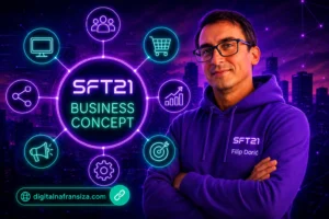SFT21 Business Concept jednostavno objašnjen – Filip Dorić uz prikaz povezanog digitalnog sustava za korisnike, poduzetnike, webshop i zajednicu.