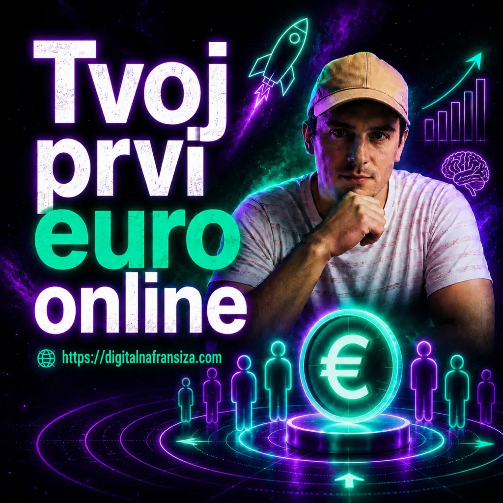 Prvi euro online prikazan kroz futurističku ilustraciju Filipa Dorića, euro simbol, digitalnu zajednicu i rast online poslovanja unutar digitalne franšize.