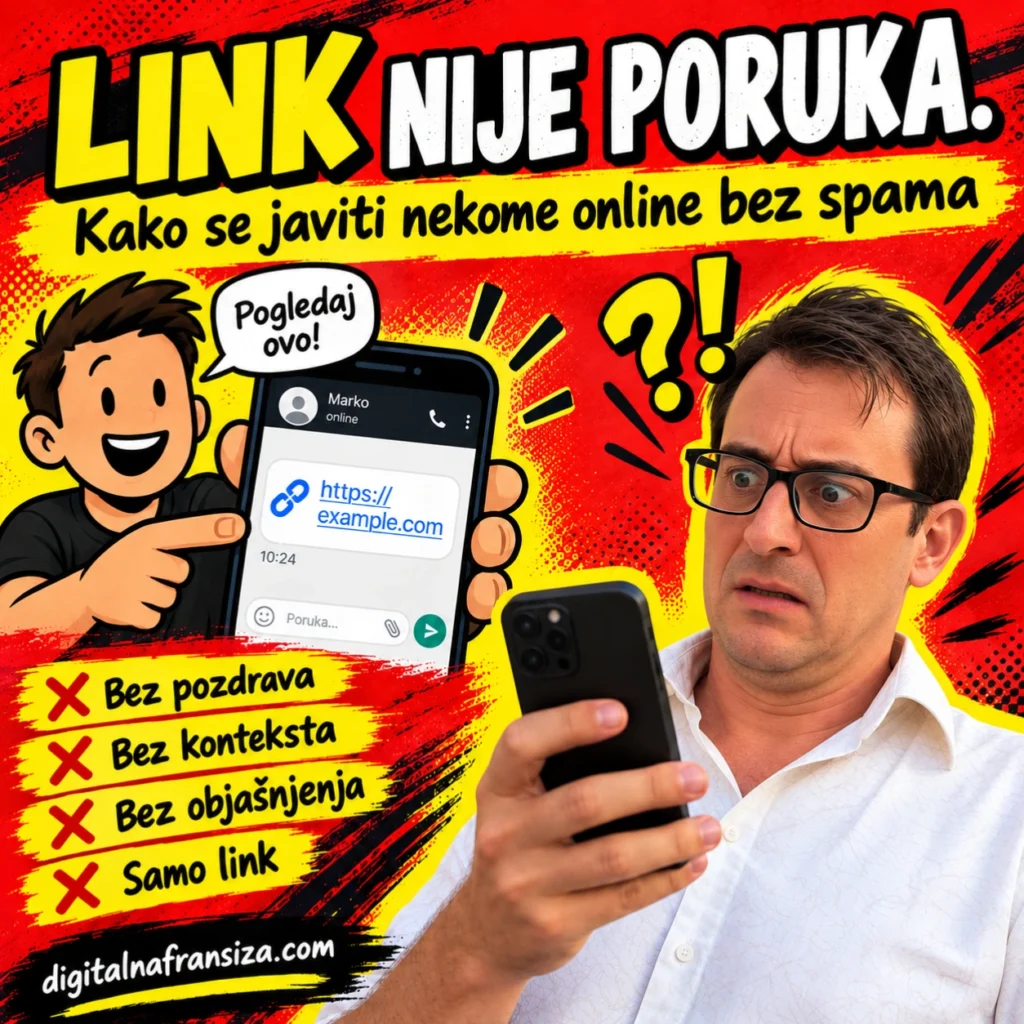 Kako se javiti nekome online bez spama – Filip Dorić reagira na poruku koja sadrži samo link bez pozdrava, konteksta i objašnjenja.