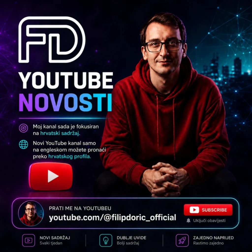 YouTube kanal na hrvatskom – Filip Dorić najavljuje novi fokus postojećeg kanala na hrvatski sadržaj i zaseban YouTube kanal za englesku publiku.