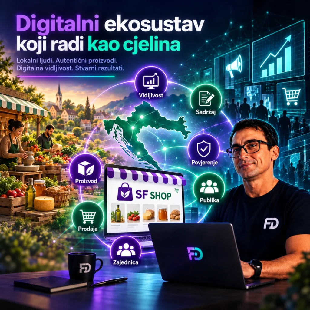 Digitalni ekosustav za poduzetnike – prikaz povezivanja vidljivosti, sadržaja, povjerenja, publike, proizvoda, prodaje i zajednice kroz SFshop.