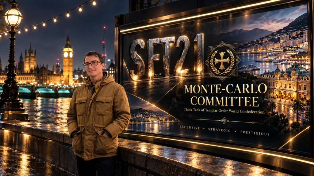 Monte-Carlo Committee i SFT21 – Filip Dorić uz veliki ekran s prikazom SFT21 i Monte-Carlo Committee Business Cluba u međunarodnom poslovnom okruženju.