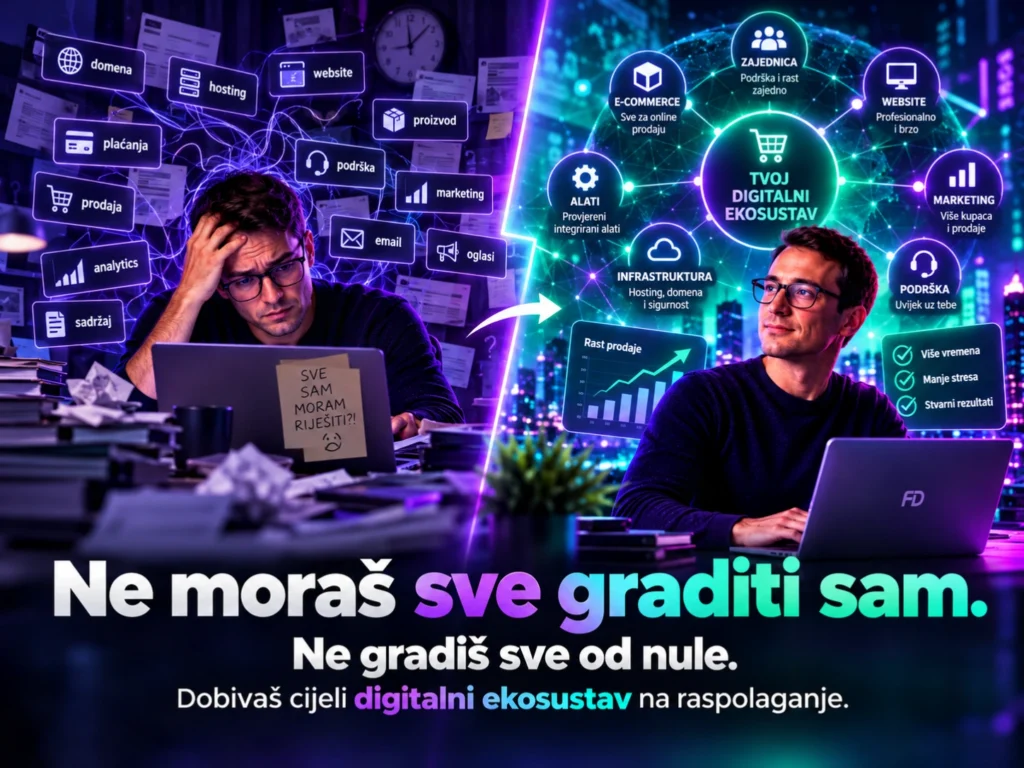 Digitalna franšiza kao poslovna infrastruktura – usporedba samostalnog građenja svih dijelova online poslovanja s pristupom povezanom digitalnom ekosustavu.